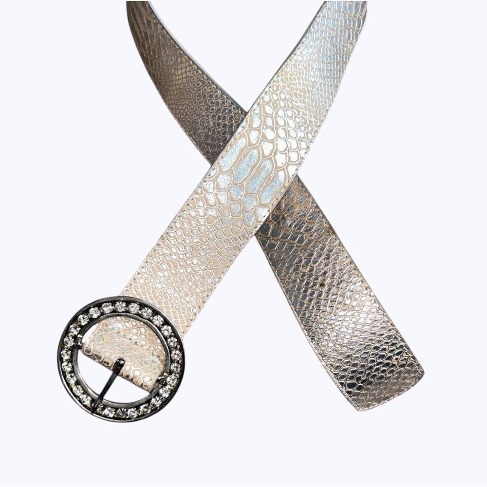 Y2K bedazzled buckle leather metallic snakeskin belt